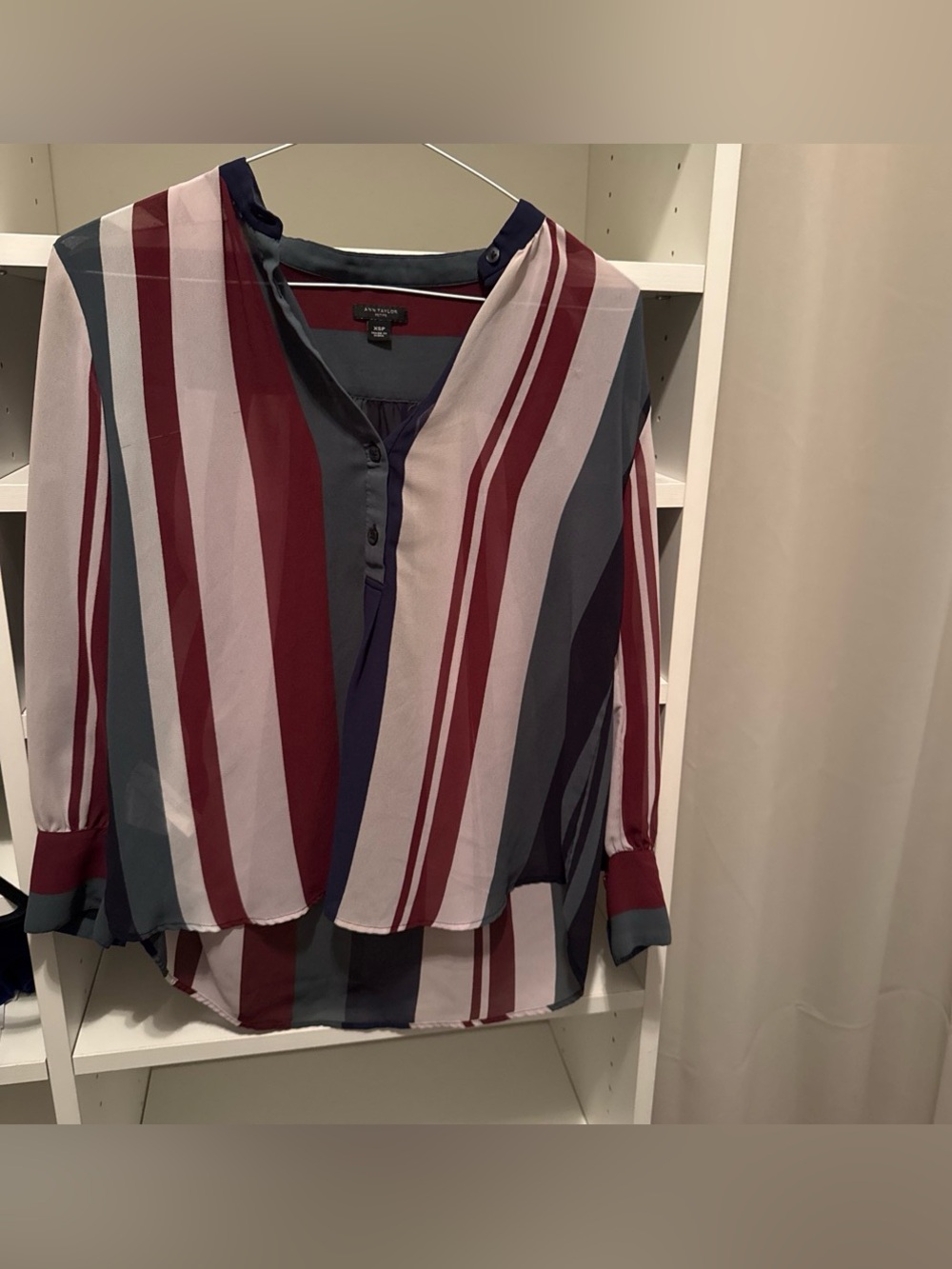 Ann Taylor Striped Button-Front Blouse in Burgundy, Gray & Navy